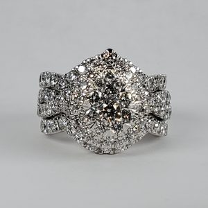 14k white gold 3 ring halo design wedding set with 1.85ctw round diamonds