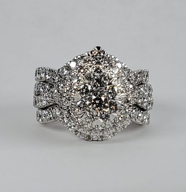 14k white gold 3 ring halo design wedding set with 1.85ctw round diamonds