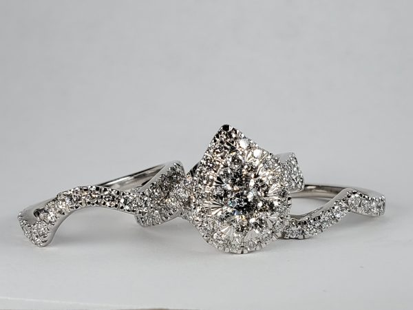 14k white gold 3 ring halo design wedding set with 1.85ctw round diamonds - Image 2